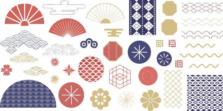 Collection of japanese traditional patterns and motifs in red gold and blue on white background