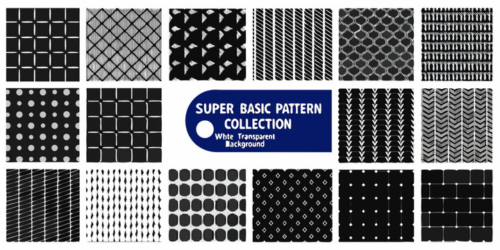 Collection of basic geometric and abstract patterns in black and white for design backgrounds