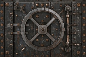 Obraz premium Rustic metal door backdrop featuring a secure vault lock in a distressed design