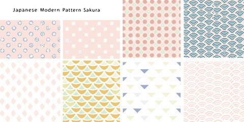 Collection of japanese modern geometric patterns and sakura inspired designs in soft pastel colors