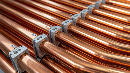 Copper pipes are organized in straight lines within a manufacturing facility. The shiny metal surfaces reflect light, highlighting their sleek design and sturdy fittings used in plumbing
