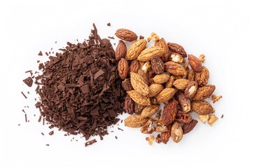 Obraz premium Chopped nuts and grated cocoa pieces on a white surface