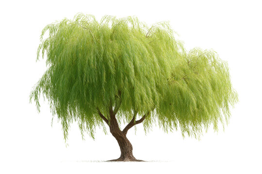 Lush green weeping willow tree with drooping branches, cut out