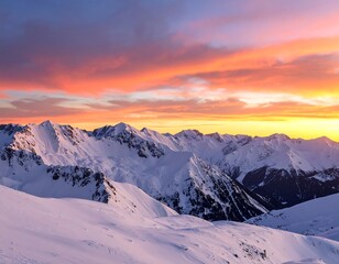 Snowy mountain peaks at sunset