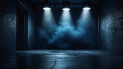 A dramatic blue-lit room with smoke and spotlighting, creating an eerie and suspenseful atmosphere.