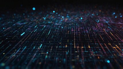 Abstract digital landscape featuring vibrant lines and glowing particles in blue, purple, and orange tones.