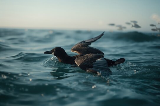 Uria aalge swimming in natural ocean habitat with fish and birds