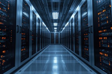 Wide-angle shot from below of a modern data facility featuring shiny silver server racks and glowing amber-white indicators. Soft focus, ideal for sci-fi themed visuals.