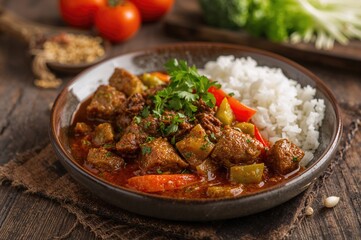 Fototapeta premium Plant-based stew with soy protein and mixed vegetables accompanied by steamed rice and fresh herbs on a rustic wooden surface, focused horizontally. Nutritious and tasty meal option