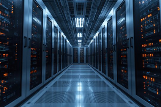 Wide-angle shot from below of a modern data facility featuring shiny silver server racks and glowing amber-white indicators. Soft focus, ideal for sci-fi themed visuals.