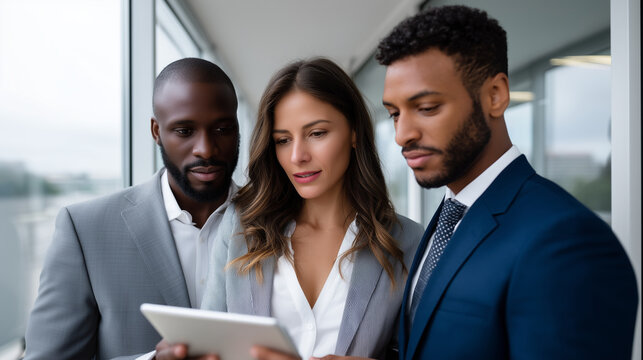 Three diverse business professionals, two men and one woman, standing near office window with tablet and printed charts, serious discussion of financial data. business team analysi