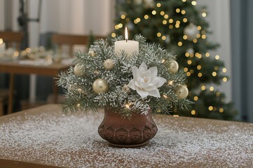 Elegant holiday centerpiece featuring a fir tree vase dusted with fake snow, adorned with seasonal decorations, a candle, and beads in a festive setting.
