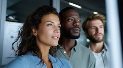 Professional group of three, two men and one woman, gathered near office window, discussing printed charts and making notes, serious analytical mood. S professionals data review, t