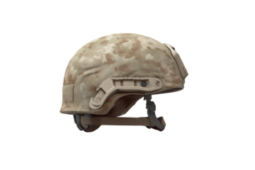 Military camouflage protective helmet with side rails and straps, cut out