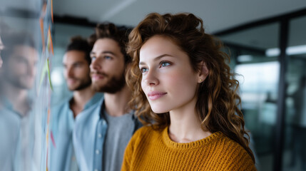 Team of three coworkers in modern office, standing by glass window, analyzing colorful charts and brainstorming strategy, teamwork and innovation mood. coworker team analysis, busi