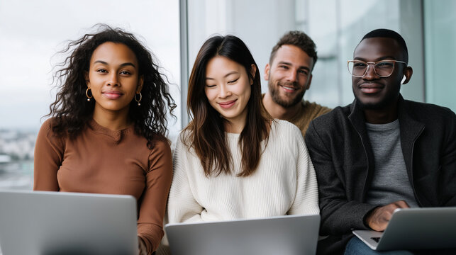 Two women and two men of different ethnicities, sitting near large office window with laptops and notebooks, collaborating on company analytics. SEO multicultural business group, f