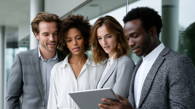 Four diverse business professionals standing near office window, two men and two women, reviewing financial reports on tablet and documents, serious discussion. business team analy