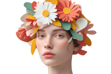 Young caucasian female with colorful paper flower headpiece, cut out