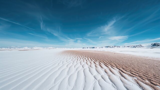 Aerial perspective of an extensive snowy landscape and a glacier blanketed by desert dust
