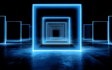 Blue glowing square frames creating a futuristic and technological tunnel effect