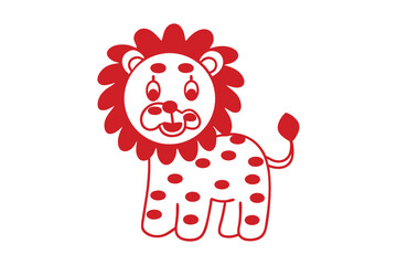 Cartoon red lion stands with patterned body and fluffy mane on white