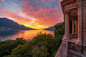Fototapeta premium Colorful sunset over a serene lake viewed from a temple terrace
