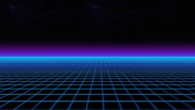Retro-style 1980s video game backdrop with a futuristic grid terrain