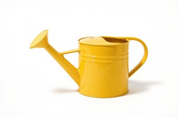 Bright yellow garden watering can on a plain white backdrop