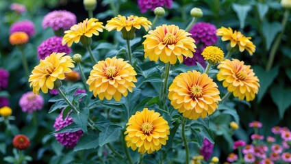 Bright yellow zinnia flowers blooming in the garden