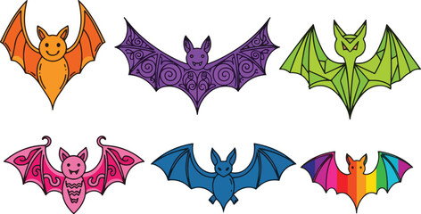 Colorful Halloween Bat Icon Pack: Set of 6 Different Flying Bat Illustrations with Unique and Vibrant Designs on a White Background