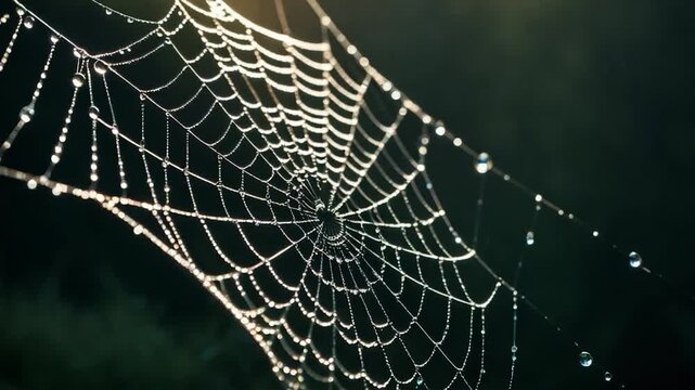 A close-up view of a spider web with water droplets glistening on its surface