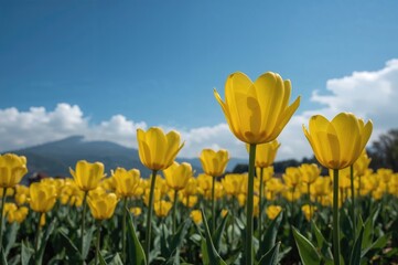 Fototapeta premium Bright yellow tulip blooms during the spring season
