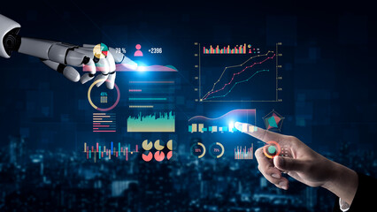 A human and robot hand engage in a digital interaction, showcasing advanced data visualizations and analytics in a futuristic setting. Impute