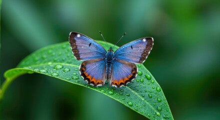 Fototapeta premium Soft glow surrounds butterfly perched on fresh leaf.