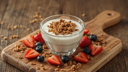 Healthy breakfast bowl with granola and yogurt on wooden surface