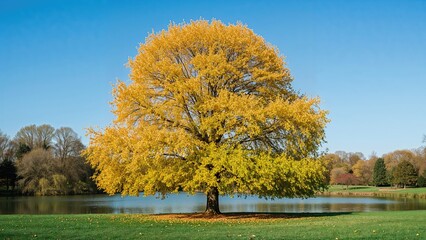Bright autumnal tree overlooking a peaceful lake under blue skies