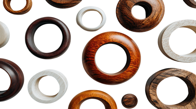 Wood rings, various colors and sizes, on black background
