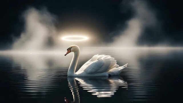 A swan with a halo swims on a misty, dark lake,4K Video
