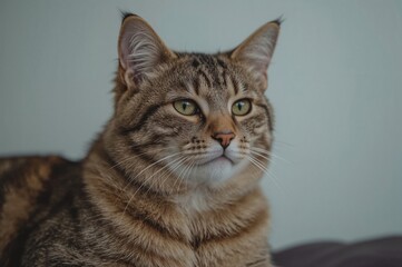 A calm feline reclines, eyes fixed forward in silent fascination with an invisible sight.