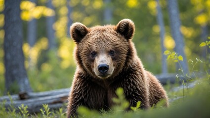 Fototapeta premium Young bear in a vibrant forest during summer