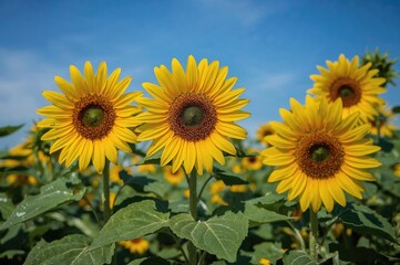 Blue sky backdrop with bright yellow sunflowers