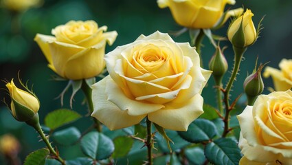 Detailed view of a yellow rose with a lush green background