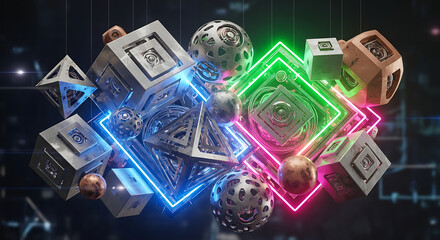 Futuristic neon geometric shapes floating, modern abstract design for technology and creative industries