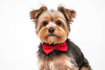 Small dog with a red ribbon on a white background