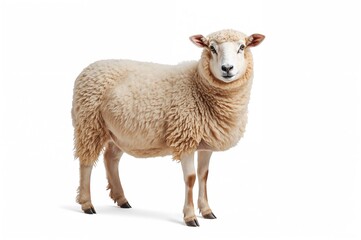 Fototapeta premium A radiant sheep standing against a plain white backdrop on a farm