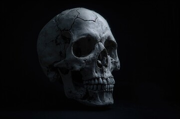 Dimly lit perspective of an aged and fractured human skull