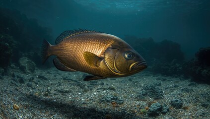 Glossy bronze Australasian snapper Pagrus auratus swimming over rocky and sandy seabed.