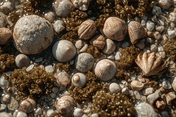 Obraz premium Wet sand covered with algae and seashells