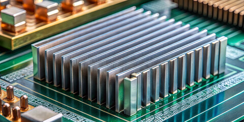 In a tech workshop, a shiny metallic heatsink is placed on a circuit board. This close-up highlights its fins designed for heat dissipation. The environment is well-lit, showcasing intricate details
