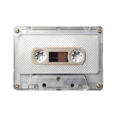 Obraz premium Clear Cassette Tape with White Grid Label and Gold Accents on Black Background audio